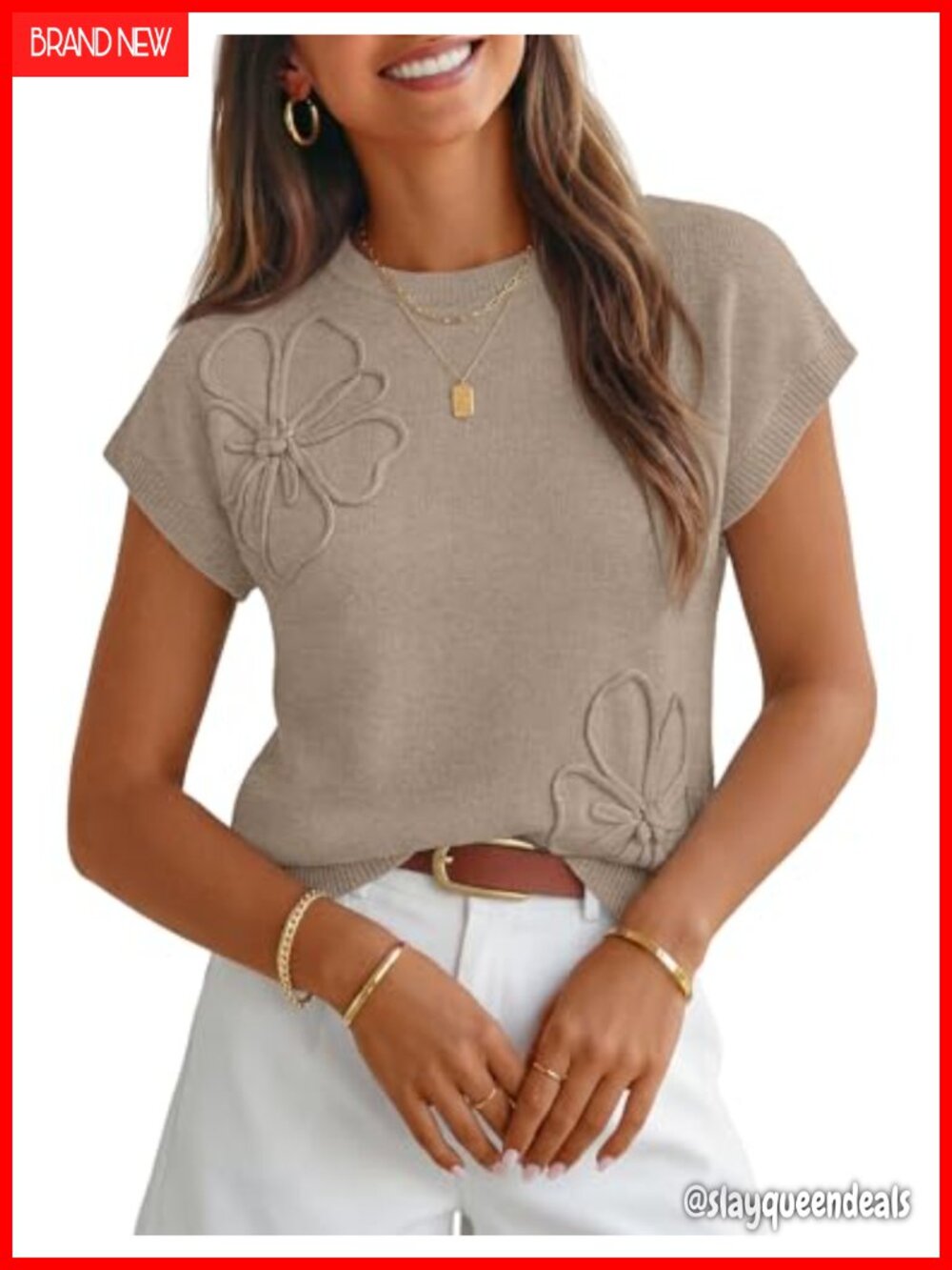 Womens Floral Knit Sweater Vest Cap Sleeve Crew Neck Loose Work Top